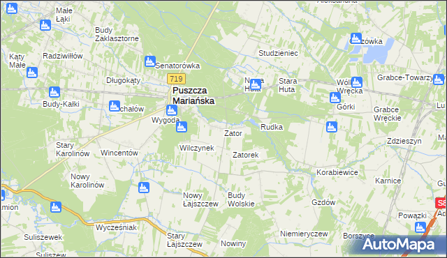 mapa Zator gmina Puszcza Mariańska, Zator gmina Puszcza Mariańska na mapie Targeo
