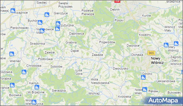 mapa Zawada gmina Bochnia, Zawada gmina Bochnia na mapie Targeo