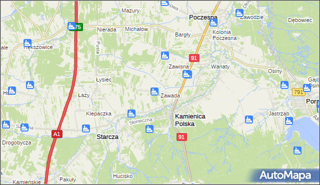 mapa Zawada gmina Kamienica Polska, Zawada gmina Kamienica Polska na mapie Targeo