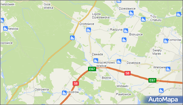 mapa Zawada gmina Syców, Zawada gmina Syców na mapie Targeo