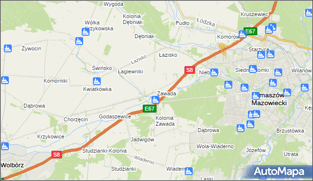 mapa Zawada gmina Tomaszów Mazowiecki, Zawada gmina Tomaszów Mazowiecki na mapie Targeo
