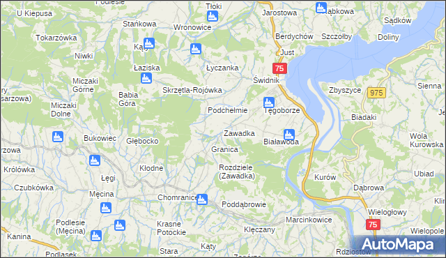 mapa Zawadka gmina Łososina Dolna, Zawadka gmina Łososina Dolna na mapie Targeo
