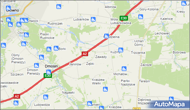 mapa Zawady gmina Dmosin, Zawady gmina Dmosin na mapie Targeo