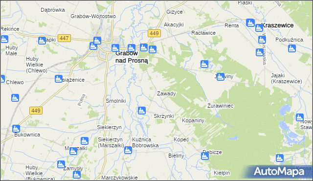 mapa Zawady gmina Grabów nad Prosną, Zawady gmina Grabów nad Prosną na mapie Targeo
