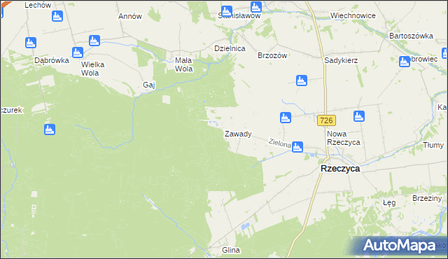mapa Zawady gmina Rzeczyca, Zawady gmina Rzeczyca na mapie Targeo