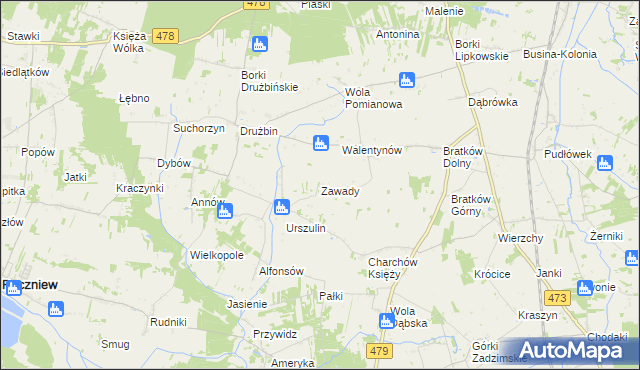 mapa Zawady gmina Zadzim, Zawady gmina Zadzim na mapie Targeo