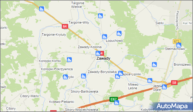 mapa Zawady powiat białostocki, Zawady powiat białostocki na mapie Targeo