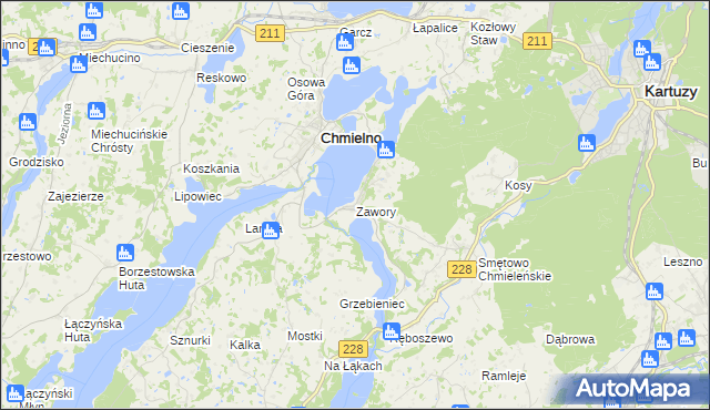 mapa Zawory gmina Chmielno, Zawory gmina Chmielno na mapie Targeo