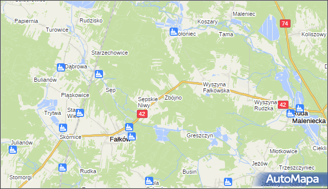 mapa Zbójno gmina Fałków, Zbójno gmina Fałków na mapie Targeo