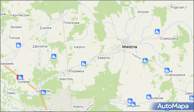 mapa Żeleźniki gmina Miedzna, Żeleźniki gmina Miedzna na mapie Targeo