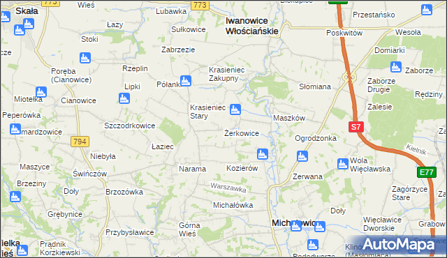 mapa Żerkowice gmina Iwanowice, Żerkowice gmina Iwanowice na mapie Targeo