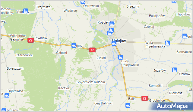 mapa Zieleń gmina Uniejów, Zieleń gmina Uniejów na mapie Targeo