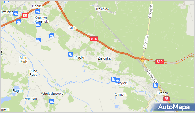 mapa Zielonka gmina Białe Błota, Zielonka gmina Białe Błota na mapie Targeo