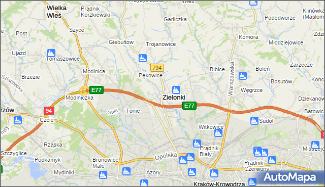 mapa Zielonki powiat krakowski, Zielonki powiat krakowski na mapie Targeo