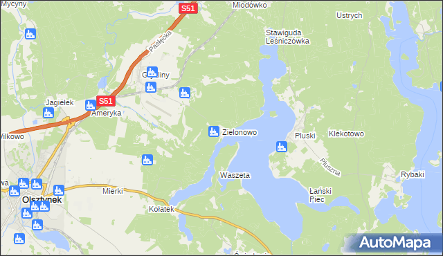 mapa Zielonowo gmina Stawiguda, Zielonowo gmina Stawiguda na mapie Targeo