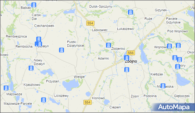 mapa Adamki gmina Zbójno, Adamki gmina Zbójno na mapie Targeo