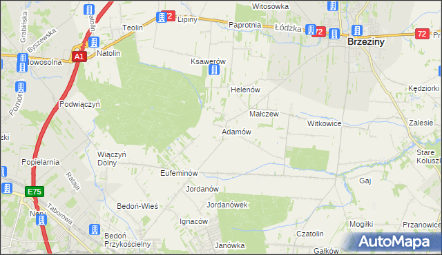mapa Adamów gmina Brzeziny, Adamów gmina Brzeziny na mapie Targeo