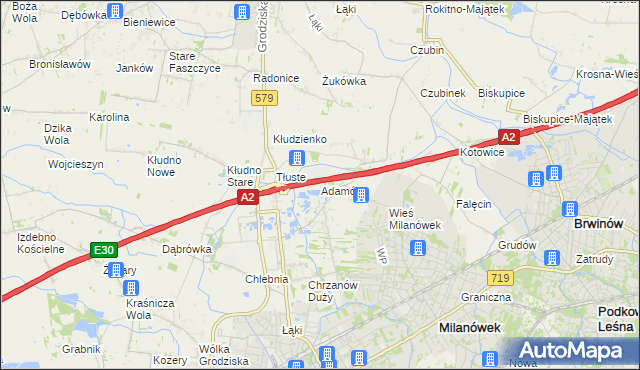mapa Adamów gmina Grodzisk Mazowiecki, Adamów gmina Grodzisk Mazowiecki na mapie Targeo