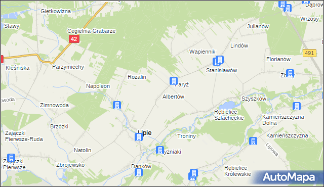 mapa Albertów gmina Lipie, Albertów gmina Lipie na mapie Targeo