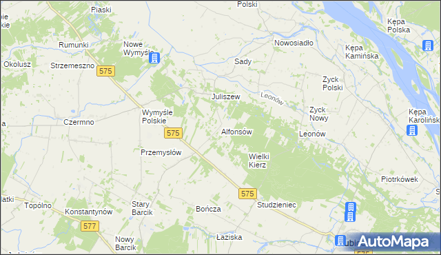 mapa Alfonsów gmina Słubice, Alfonsów gmina Słubice na mapie Targeo