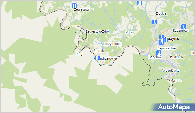 mapa Andrzejówka gmina Muszyna, Andrzejówka gmina Muszyna na mapie Targeo