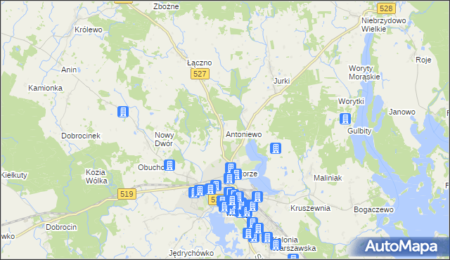 mapa Antoniewo gmina Morąg, Antoniewo gmina Morąg na mapie Targeo