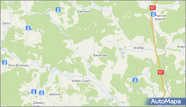 mapa Baranowo gmina Wielbark, Baranowo gmina Wielbark na mapie Targeo