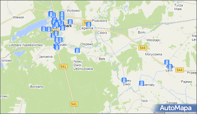 mapa Bełk gmina Lidzbark, Bełk gmina Lidzbark na mapie Targeo