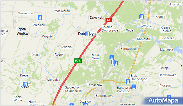 mapa Biała Góra gmina Dobryszyce, Biała Góra gmina Dobryszyce na mapie Targeo