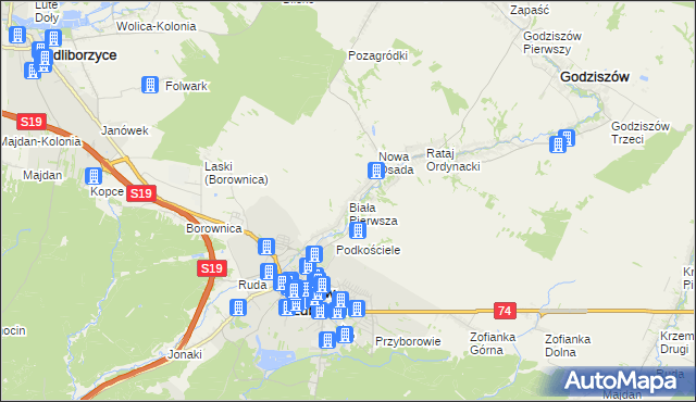 mapa Biała Pierwsza gmina Janów Lubelski, Biała Pierwsza gmina Janów Lubelski na mapie Targeo