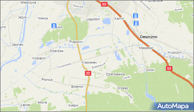 mapa Białobłocie gmina Deszczno, Białobłocie gmina Deszczno na mapie Targeo