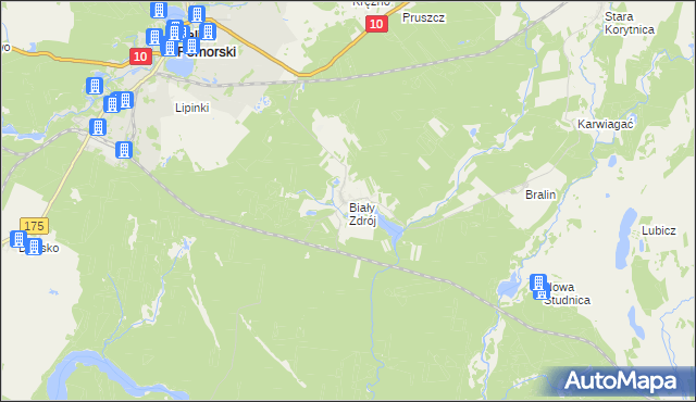 mapa Biały Zdrój gmina Kalisz Pomorski, Biały Zdrój gmina Kalisz Pomorski na mapie Targeo
