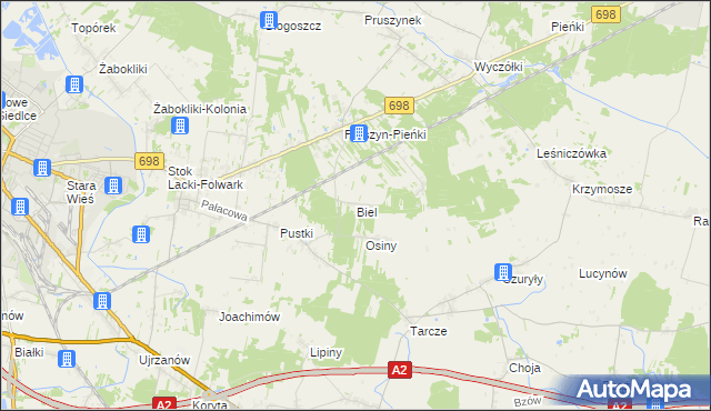 mapa Biel gmina Siedlce, Biel gmina Siedlce na mapie Targeo