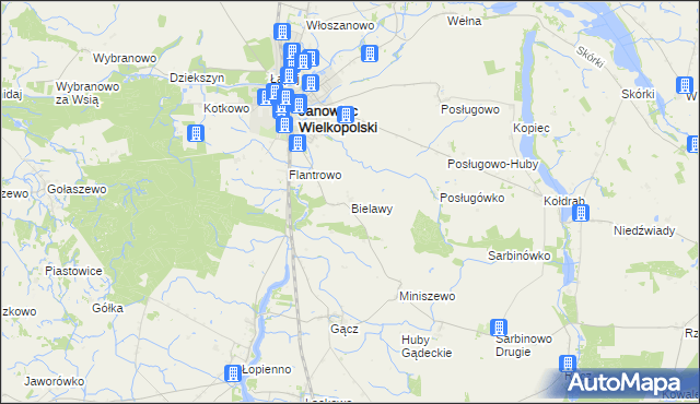mapa Bielawy gmina Janowiec Wielkopolski, Bielawy gmina Janowiec Wielkopolski na mapie Targeo
