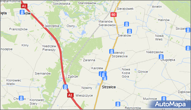 mapa Bielawy gmina Strzelce, Bielawy gmina Strzelce na mapie Targeo