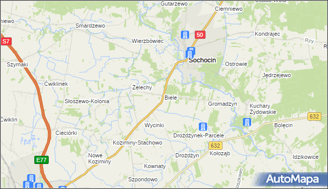 mapa Biele gmina Sochocin, Biele gmina Sochocin na mapie Targeo