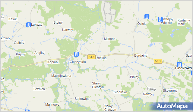 mapa Bielica gmina Godkowo, Bielica gmina Godkowo na mapie Targeo