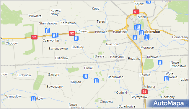 mapa Bielice gmina Krośniewice, Bielice gmina Krośniewice na mapie Targeo