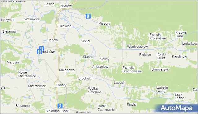 mapa Bieliny gmina Brochów, Bieliny gmina Brochów na mapie Targeo