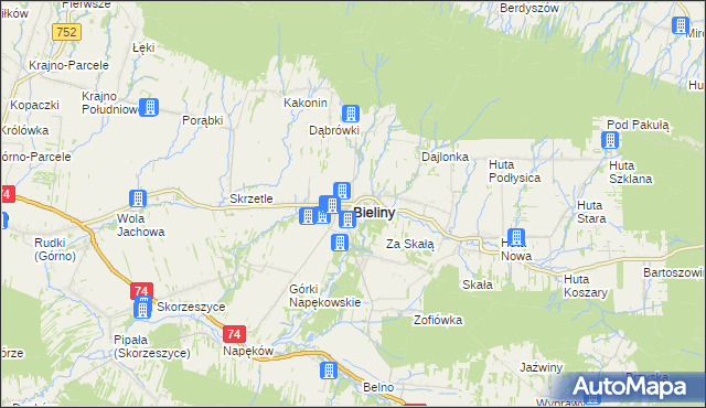 mapa Bieliny powiat kielecki, Bieliny powiat kielecki na mapie Targeo