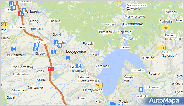 mapa Bierna gmina Łodygowice, Bierna gmina Łodygowice na mapie Targeo