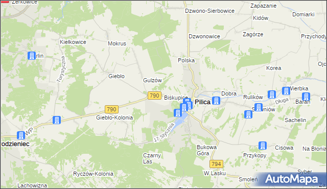 mapa Biskupice gmina Pilica, Biskupice gmina Pilica na mapie Targeo