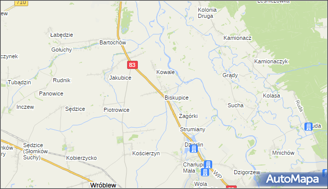 mapa Biskupice gmina Sieradz, Biskupice gmina Sieradz na mapie Targeo