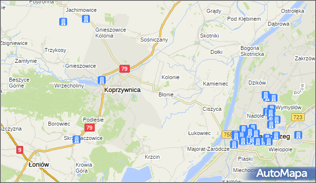 mapa Błonie gmina Koprzywnica, Błonie gmina Koprzywnica na mapie Targeo