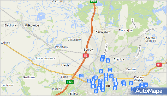 mapa Bobrów gmina Miłkowice, Bobrów gmina Miłkowice na mapie Targeo