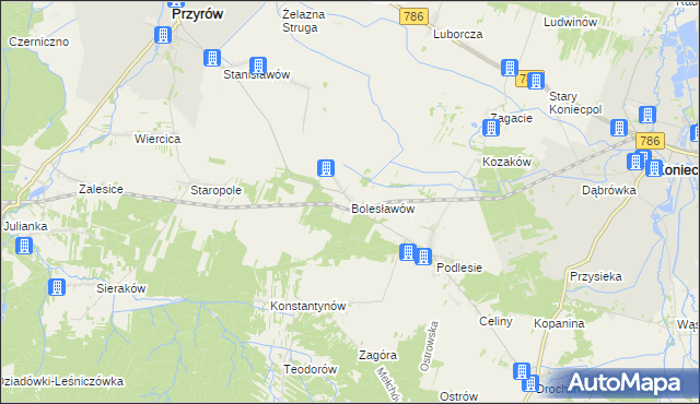 mapa Bolesławów gmina Przyrów, Bolesławów gmina Przyrów na mapie Targeo