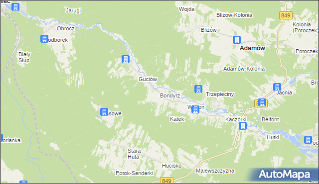 mapa Bondyrz gmina Adamów, Bondyrz gmina Adamów na mapie Targeo
