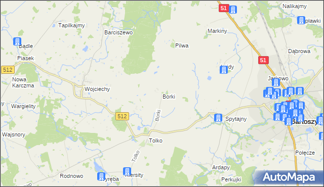 mapa Borki gmina Bartoszyce, Borki gmina Bartoszyce na mapie Targeo
