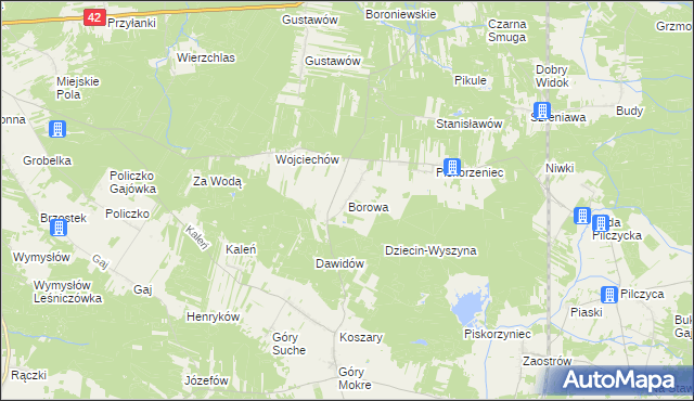 mapa Borowa gmina Przedbórz, Borowa gmina Przedbórz na mapie Targeo