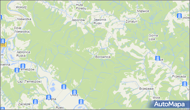 mapa Borownica gmina Bircza, Borownica gmina Bircza na mapie Targeo